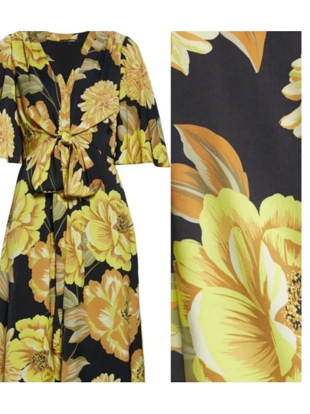 Kobi Halperin Black & Yellow Floral Tie-Front Carrie Midi Dress